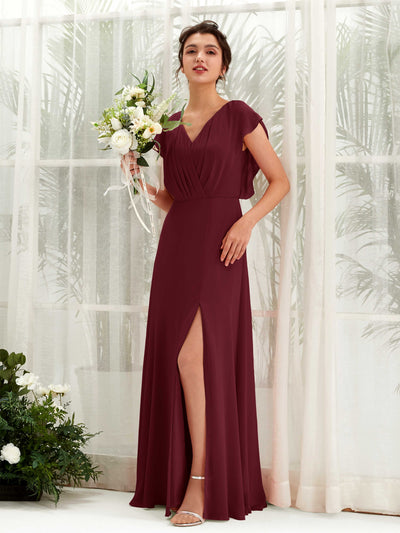 Carlyna Annie A-Line Burgundy Bridesmaid Dress Maxi Cap Sleeve V-Neck Dress Front View #color_burgundy
