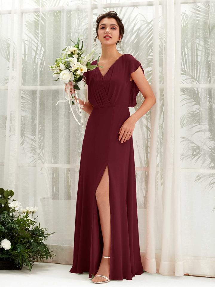 Burgundy Bridesmaid Dresses Bridesmaid Dress A-line Chiffon V-neck Full Length Short Sleeves Wedding Party Dress (81225612)