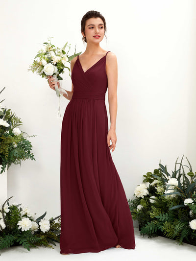 Carlyna Dira A-Line Burgundy Bridesmaid Dress Maxi Sleeveless V-Neck Dress Front View #color_burgundy