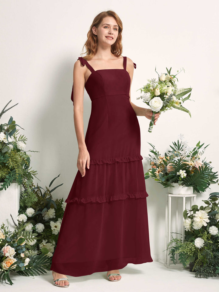 Bridesmaid Dress Chiffon Straps Full Length Sleeveless Wedding Party Dress - Burgundy (81227512)