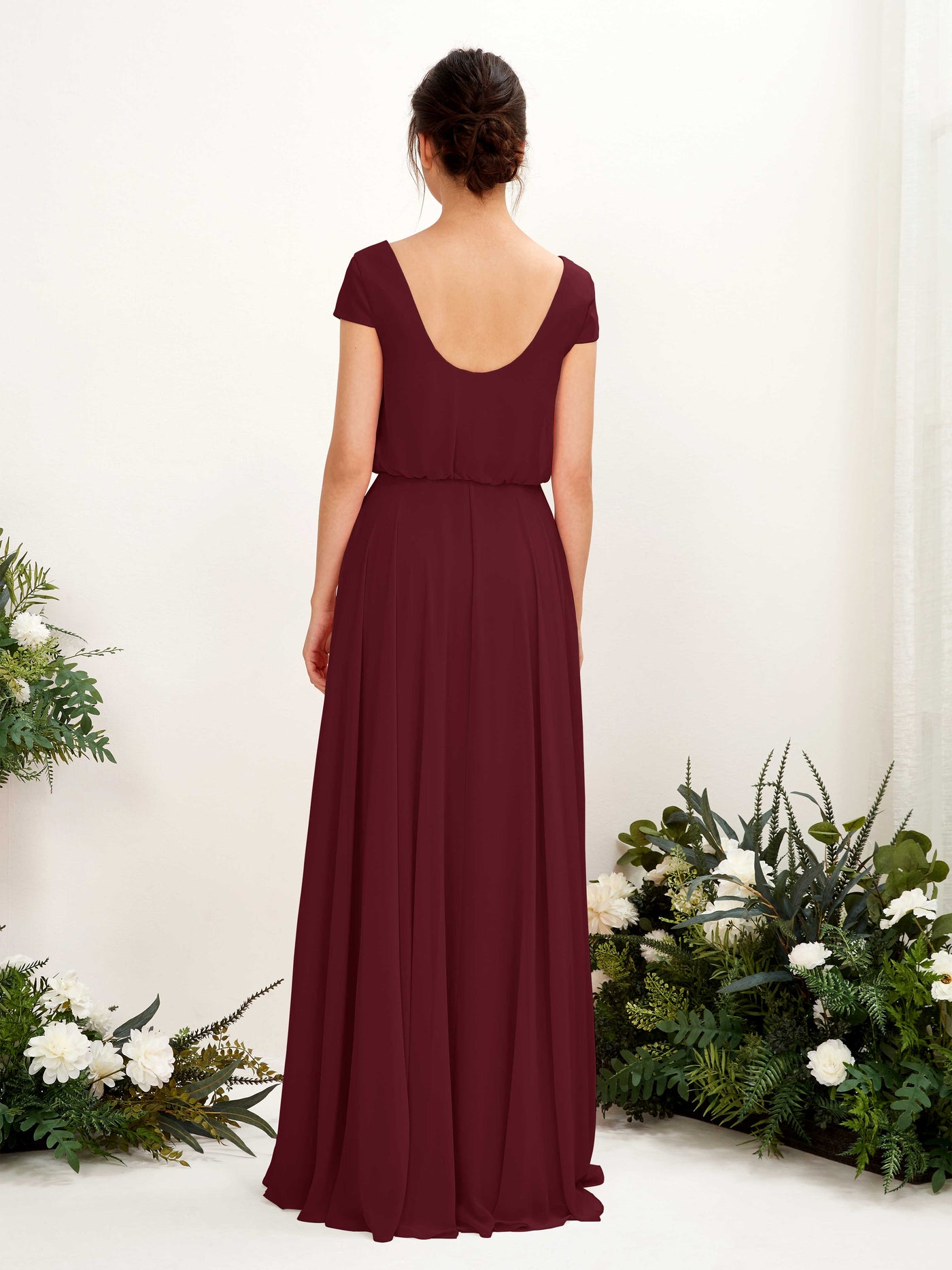 Burgundy Bridesmaid Dresses Bridesmaid Dress A-line Chiffon V-neck Full Length Short Sleeves Wedding Party Dress (81221812)#color_burgundy
