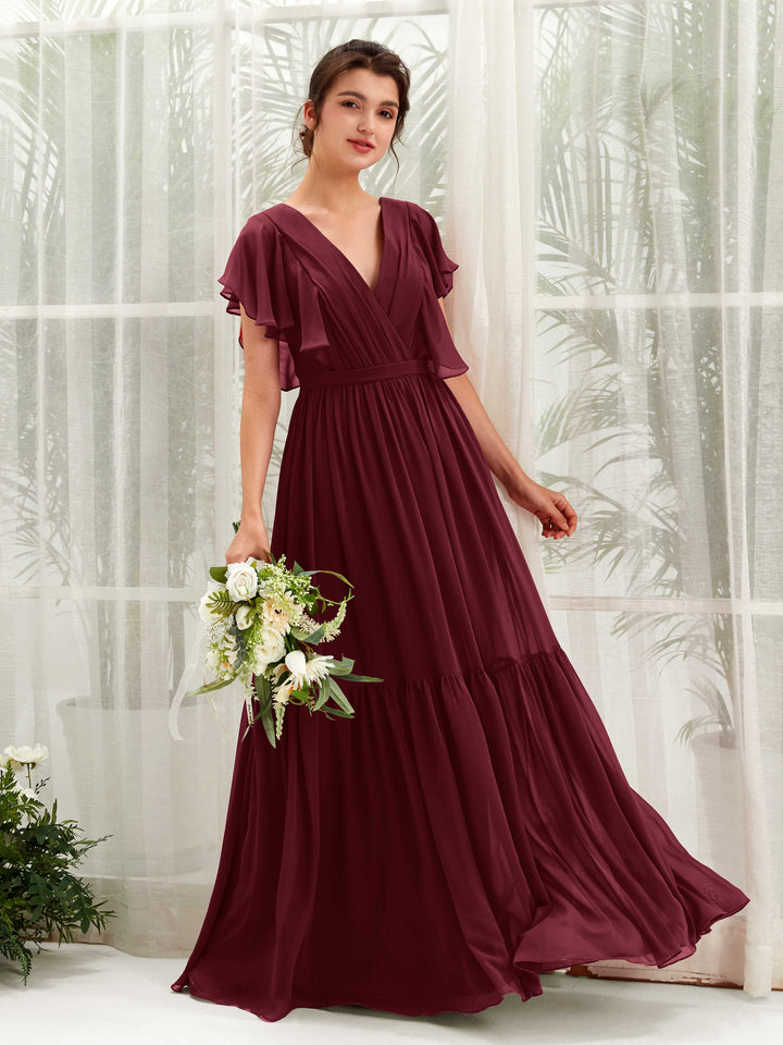 Burgundy Bridesmaid Dresses Bridesmaid Dress A-line Chiffon V-neck Full Length Short Sleeves Wedding Party Dress (81225912)