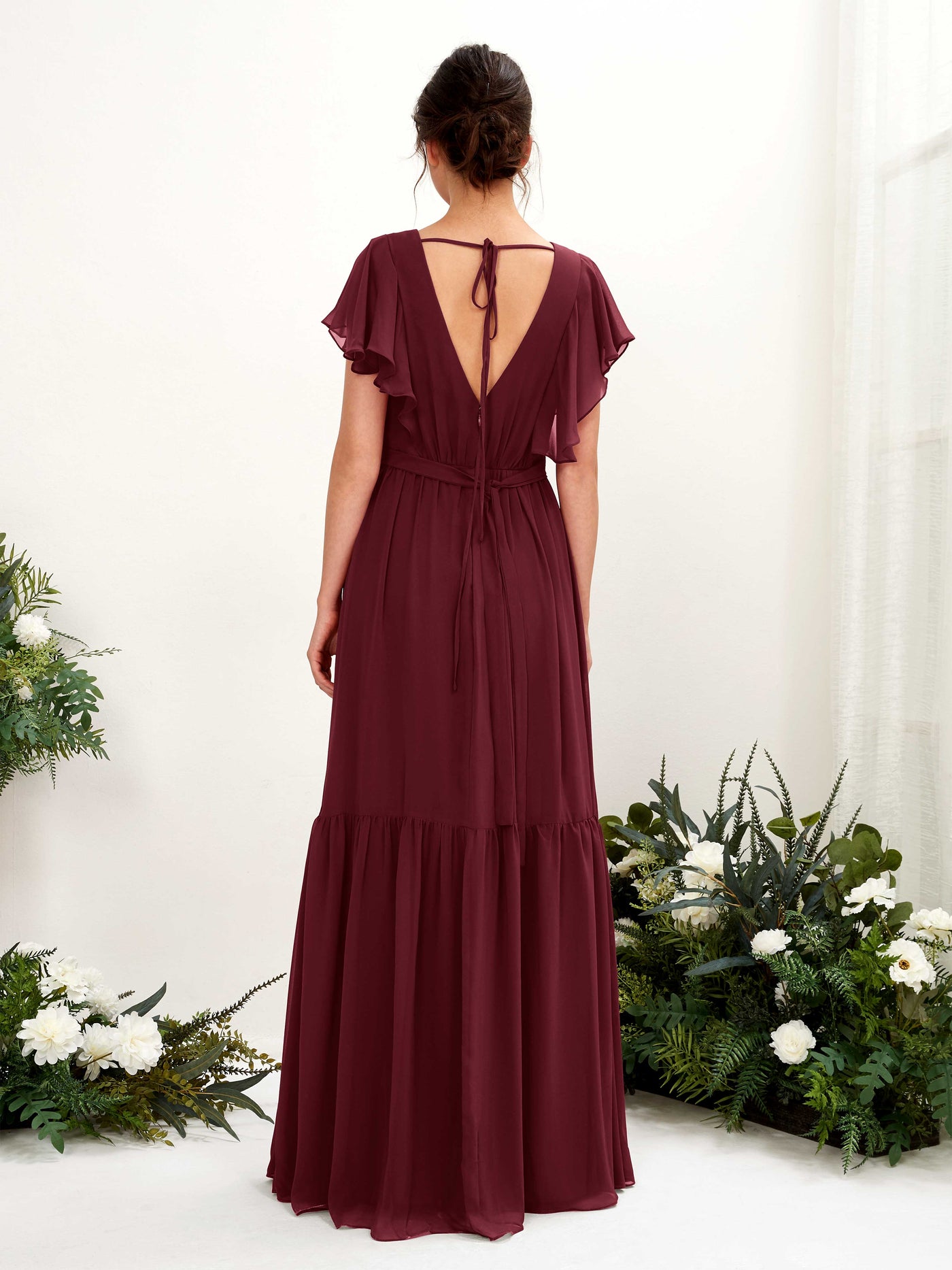 Burgundy Bridesmaid Dresses Bridesmaid Dress A-line Chiffon V-neck Full Length Short Sleeves Wedding Party Dress (81225912)#color_burgundy