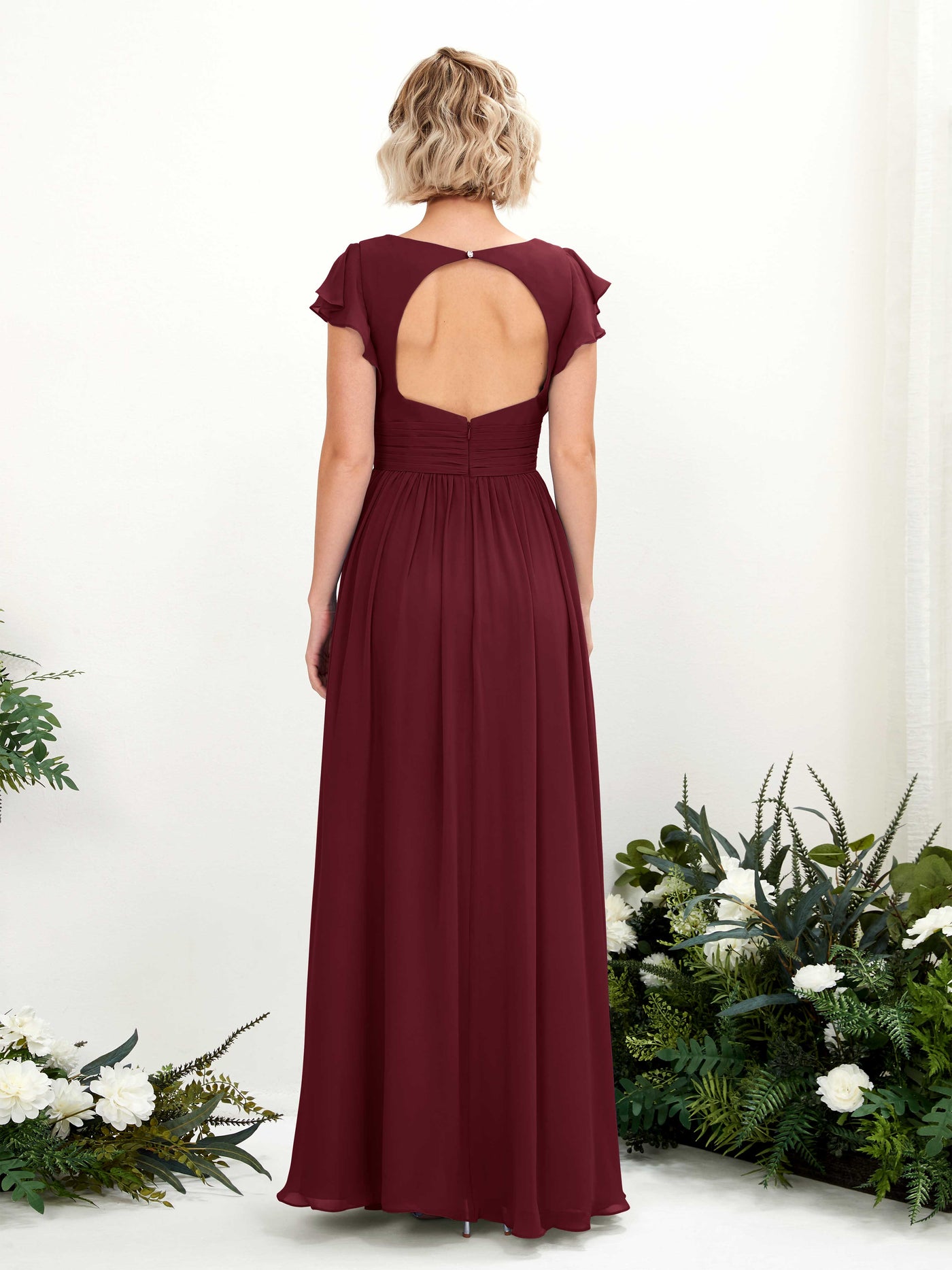 Burgundy Bridesmaid Dresses Bridesmaid Dress A-line Chiffon V-neck Full Length Short Sleeves Wedding Party Dress (81222712)#color_burgundy