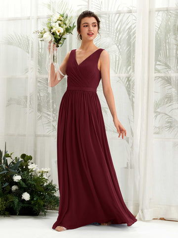 Burgundy Bridesmaid Dresses Bridesmaid Dress A-line Chiffon V-neck Full Length Sleeveless Wedding Party Dress (81223612)#color_burgundy