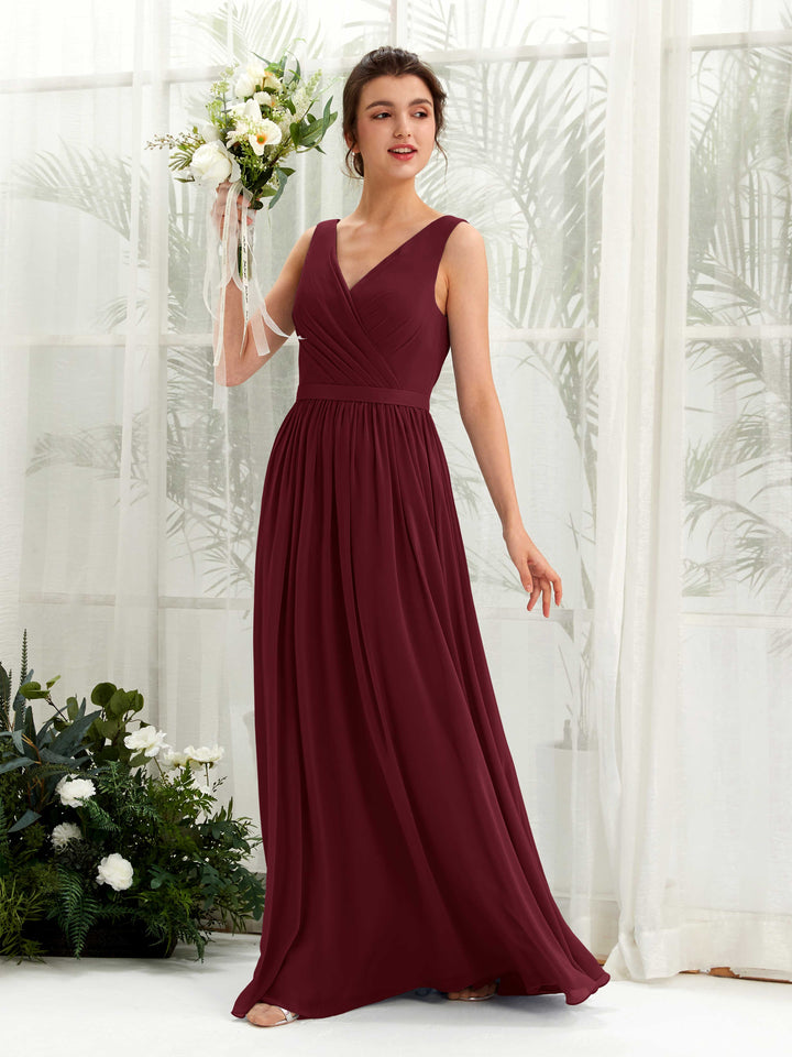 Burgundy Bridesmaid Dresses Bridesmaid Dress A-line Chiffon V-neck Full Length Sleeveless Wedding Party Dress (81223612)