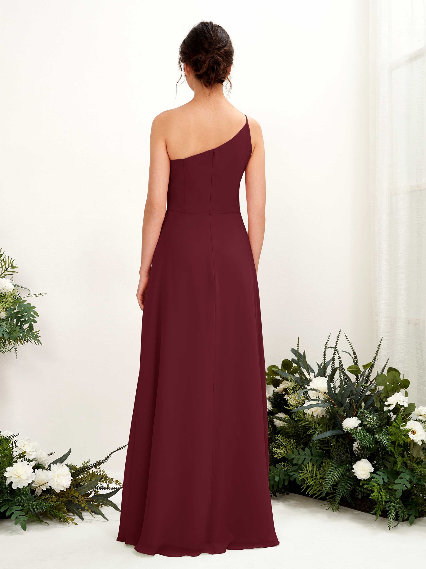 Burgundy Bridesmaid Dresses Bridesmaid Dress A-line Chiffon One Shoulder Full Length Sleeveless Wedding Party Dress (81225712)#color_burgundy