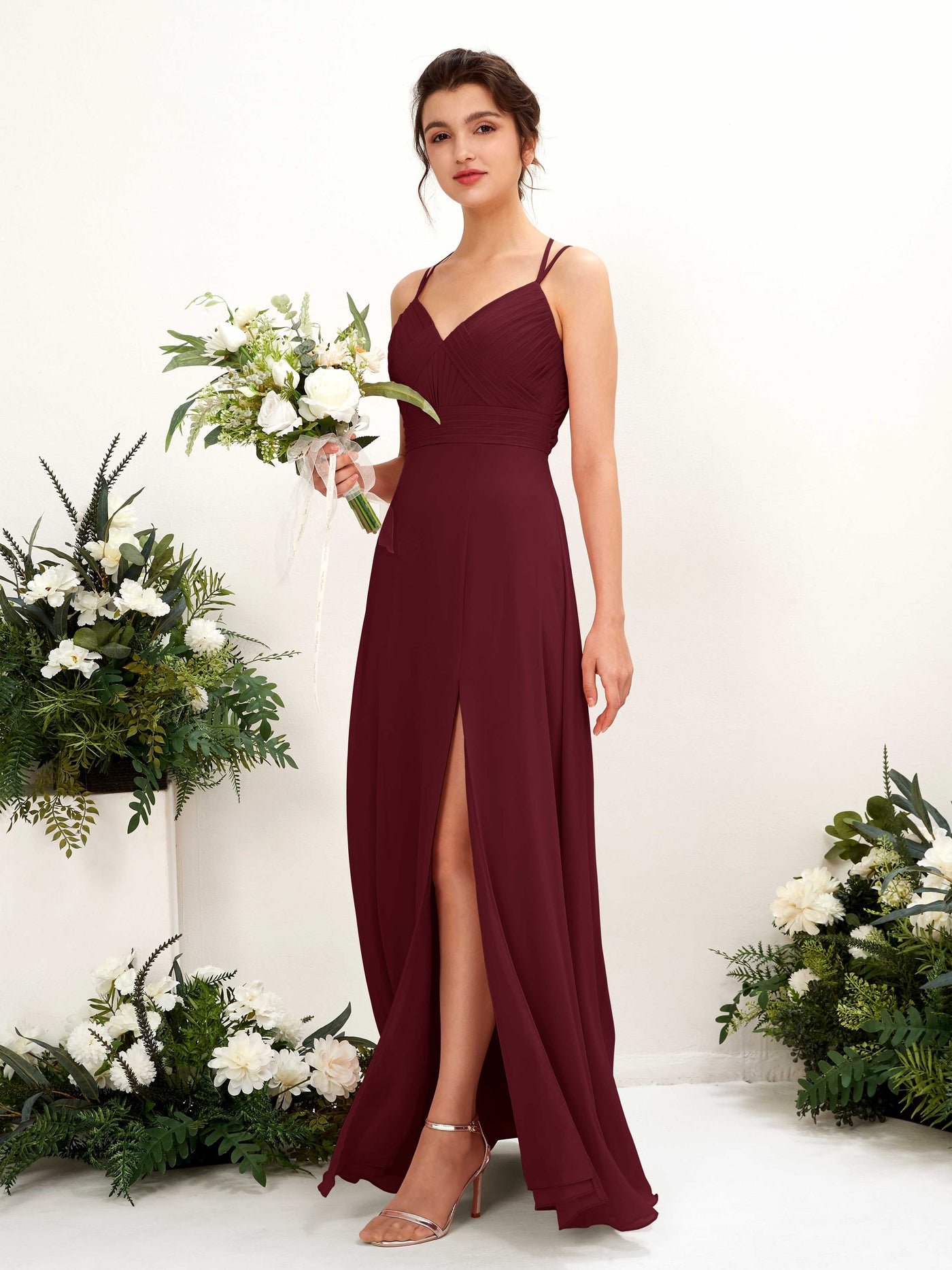 Burgundy Bridesmaid Dresses Bridesmaid Dress A-line Chiffon Spaghetti-straps Full Length Sleeveless Wedding Party Dress (81225412)#color_burgundy