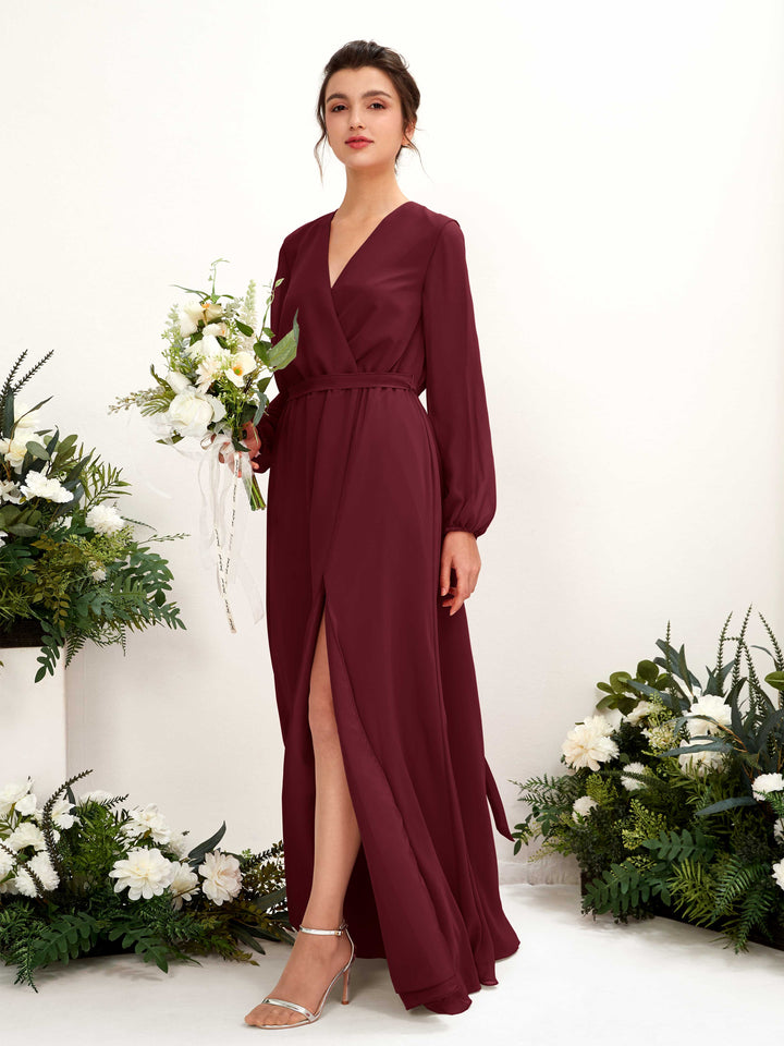 Burgundy Bridesmaid Dresses Bridesmaid Dress A-line Chiffon V-neck Full Length Long Sleeves Wedding Party Dress (81223212)