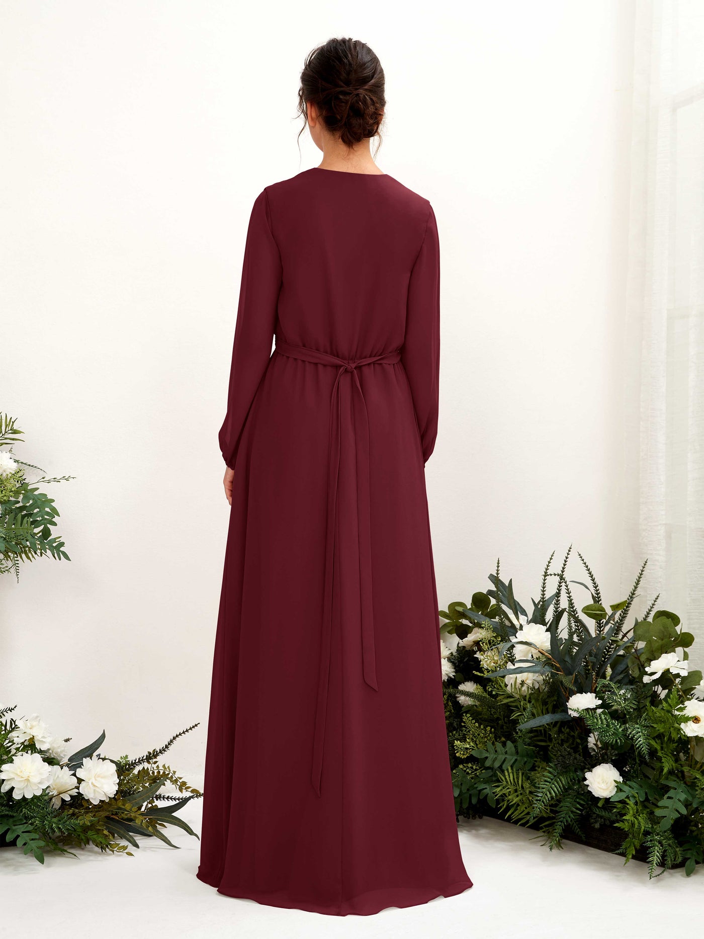 Burgundy Bridesmaid Dresses Bridesmaid Dress A-line Chiffon V-neck Full Length Long Sleeves Wedding Party Dress (81223212)#color_burgundy
