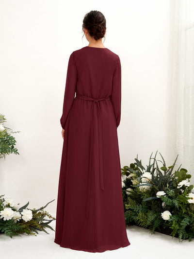 Carlyna Elsie A-Line Burgundy Bridesmaid Dress Maxi Long Sleeve V-Neck Back View #color_burgundy