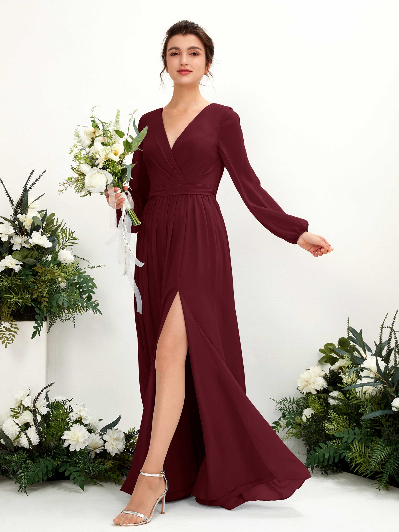 Burgundy Bridesmaid Dresses Bridesmaid Dress A-line Chiffon V-neck Full Length Long Sleeves Wedding Party Dress (81223812)#color_burgundy