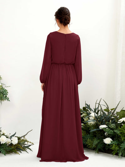 Carlyna Ginny A-Line Burgundy Bridesmaid Dress Maxi Long Sleeve V-Neck Back View #color_burgundy