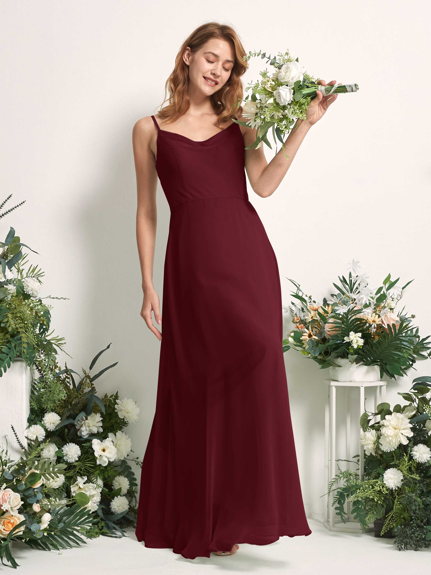 Bridesmaid Dress A-line Chiffon Spaghetti-straps Full Length Sleeveless Wedding Party Dress - Burgundy (81227212)#color_burgundy