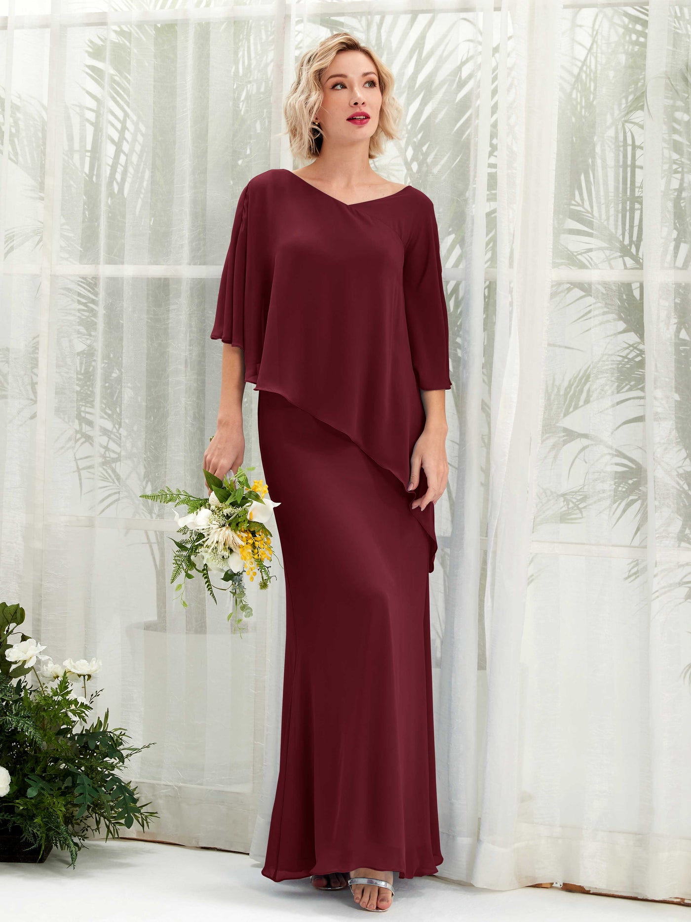 Burgundy Bridesmaid Dresses Bridesmaid Dress Bohemian Chiffon V-neck Full Length 3/4 Sleeves Wedding Party Dress (81222512)#color_burgundy
