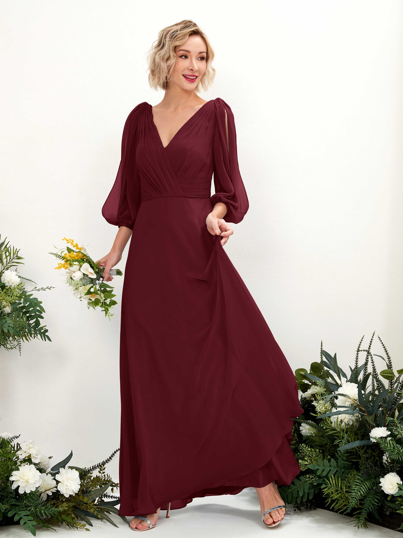 Burgundy Bridesmaid Dresses Bridesmaid Dress Chiffon V-neck Full Length Long Sleeves Wedding Party Dress (81223512)#color_burgundy
