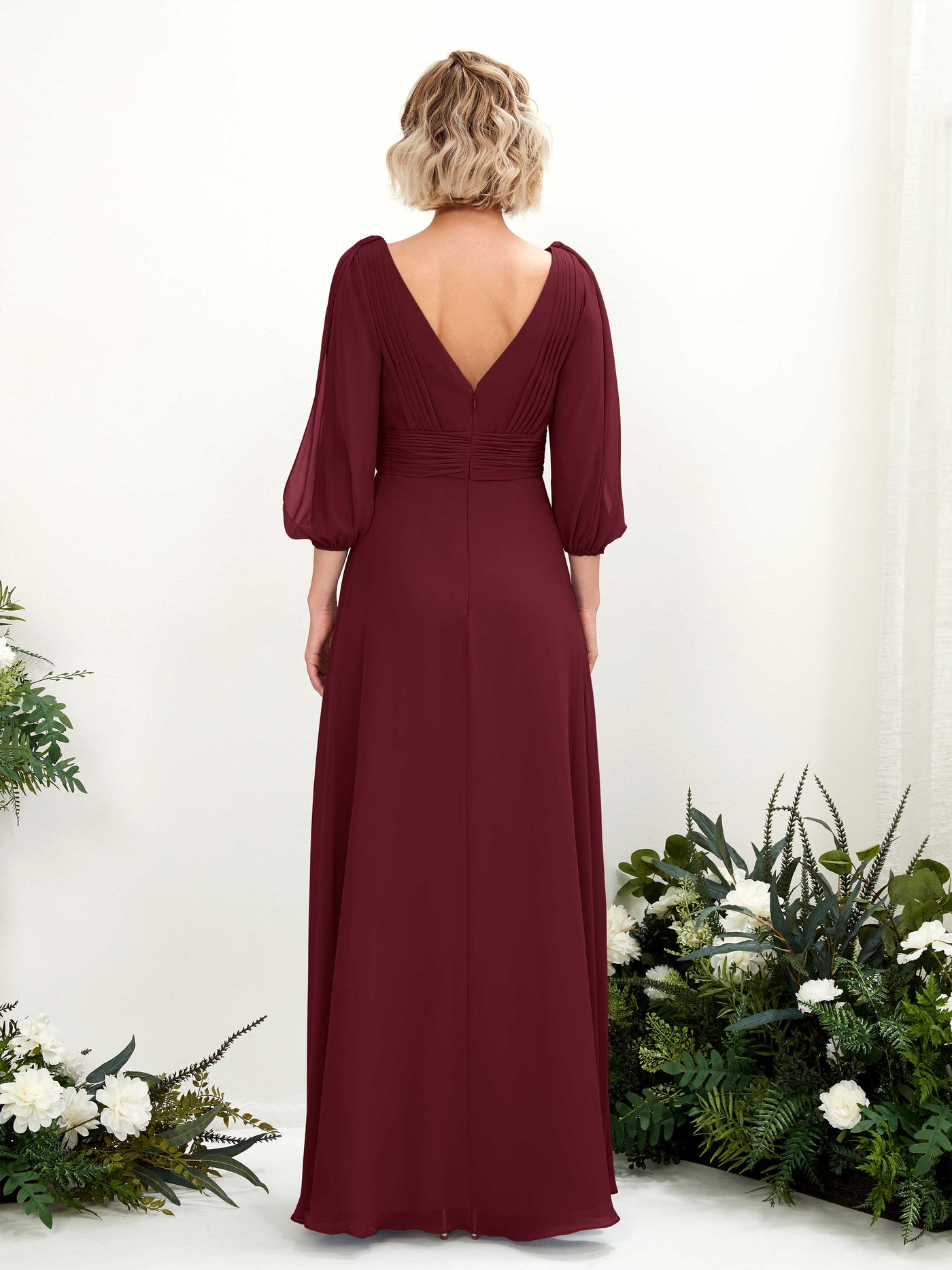 Burgundy Bridesmaid Dresses Bridesmaid Dress Chiffon V-neck Full Length Long Sleeves Wedding Party Dress (81223512)#color_burgundy