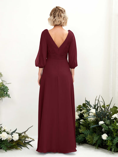Carlyna Antonia A-Line Burgundy Bridesmaid Dress Maxi Three Quarter Sleeve V-Neck Dress Back View #color_burgundy