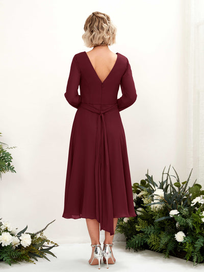Carlyna Joanna A-Line Burgundy Bridesmaid Dress Midi Long Sleeve V-Neck Back View #color_burgundy