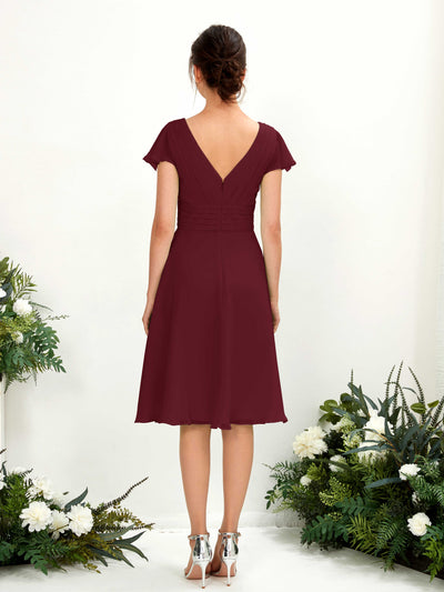 Carlyna Betty A-Line Burgundy Bridesmaid Dress Knee-Length Short Sleeve V-Neck Dress Back View #color_burgundy