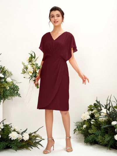 Carlyna Vanessa Sheath Burgundy Bridesmaid Dress Knee-Length Cap Sleeve V-Neck Dress Front View #color_burgundy