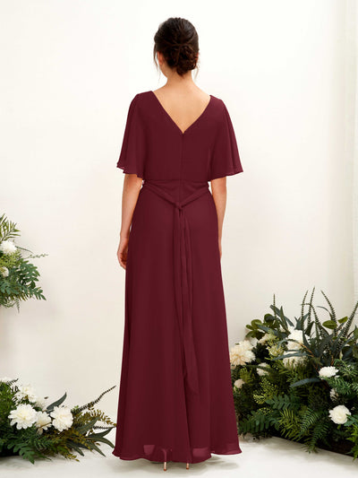 Carlyna Merta A-Line Burgundy Bridesmaid Dress Maxi Short Sleeve V-Neck Dress Back View #color_burgundy