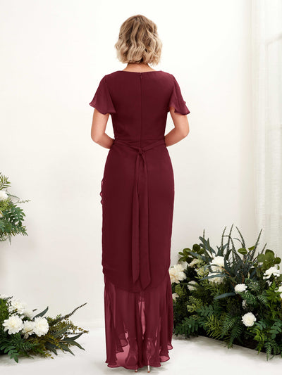 Carlyna Eartha Mermaid Burgundy Bridesmaid Dress Maxi Cap Sleeve V-Neck Dress Back View #color_burgundy