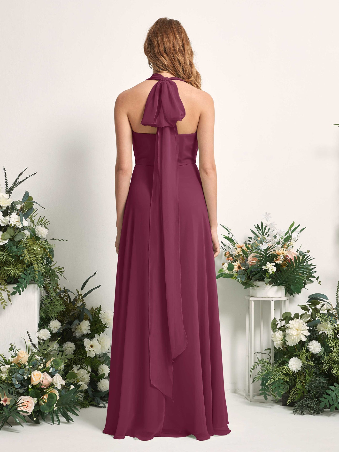 Chianti Bridesmaid Dresses Bridesmaid Dress A-line Chiffon Halter Full Length Short Sleeves Wedding Party Dress (81226334)#color_chianti