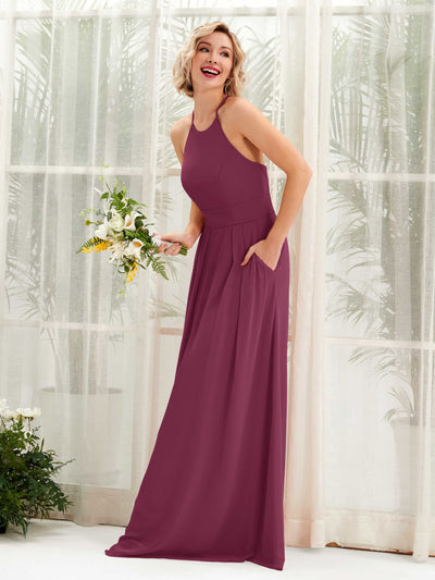 Carlyna Frances A-Line Chianti Bridesmaid Dress Maxi Sleeveless Round Neck Dress Front View #color_chianti