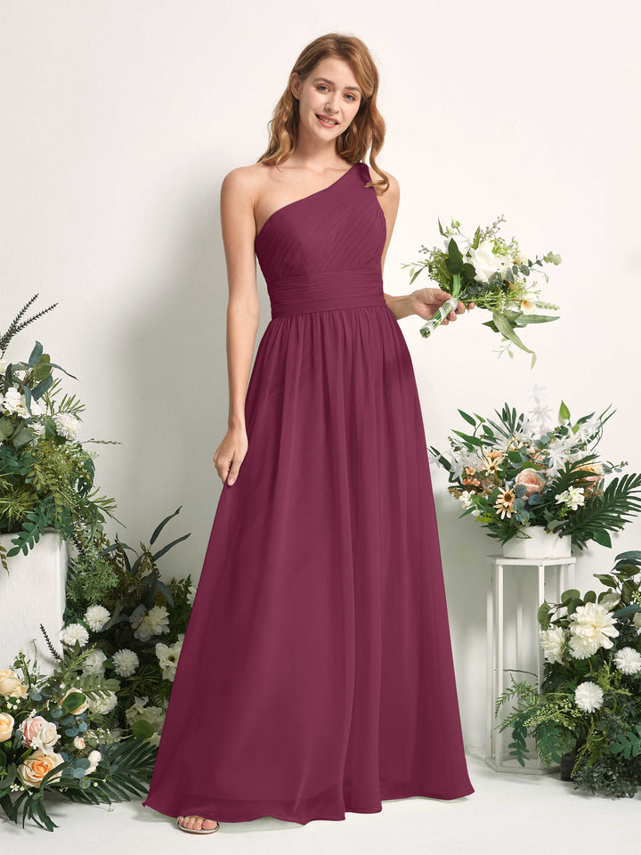 Bridesmaid Dress A-line Chiffon One Shoulder Full Length Sleeveless Wedding Party Dress - Chianti (81226734)
