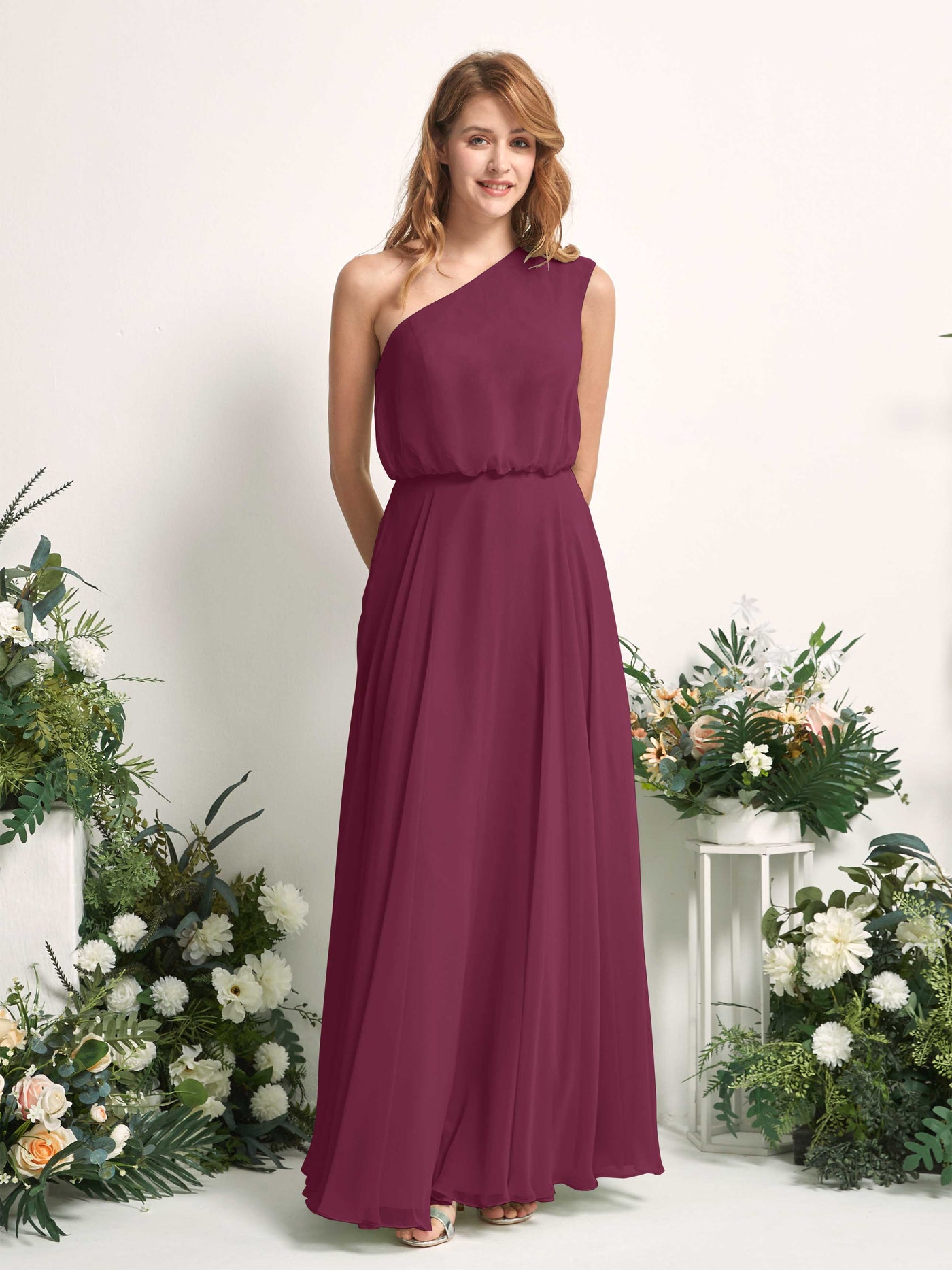 Bridesmaid Dress A-line Chiffon One Shoulder Full Length Sleeveless Wedding Party Dress - Chianti (81226834)#color_chianti