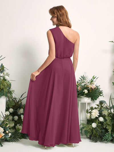 Carlyna Cecily A-Line Chianti Bridesmaid Dress Maxi Sleeveless One Shoulder Dress Back View #color_chianti