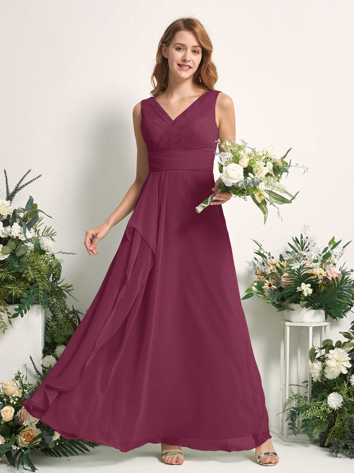 Bridesmaid Dress A-line Chiffon V-neck Full Length Sleeveless Wedding Party Dress - Chianti (81227134)