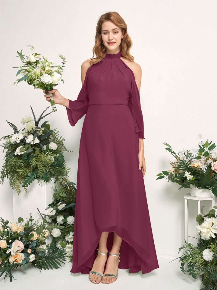 Bridesmaid Dress A-line Chiffon Halter High Low 3/4 Sleeves Wedding Party Dress - Chianti (81227634)