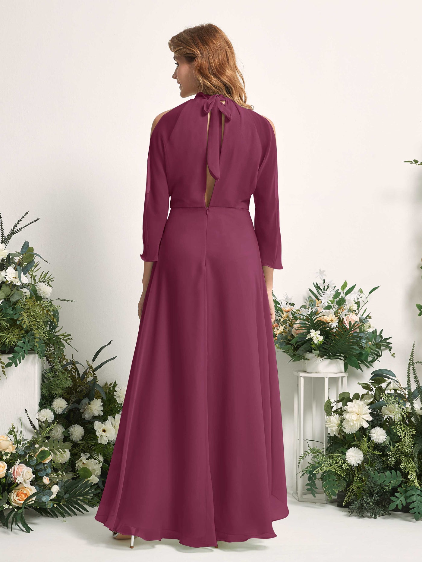 Bridesmaid Dress A-line Chiffon Halter High Low 3/4 Sleeves Wedding Party Dress - Chianti (81227634)#color_chianti