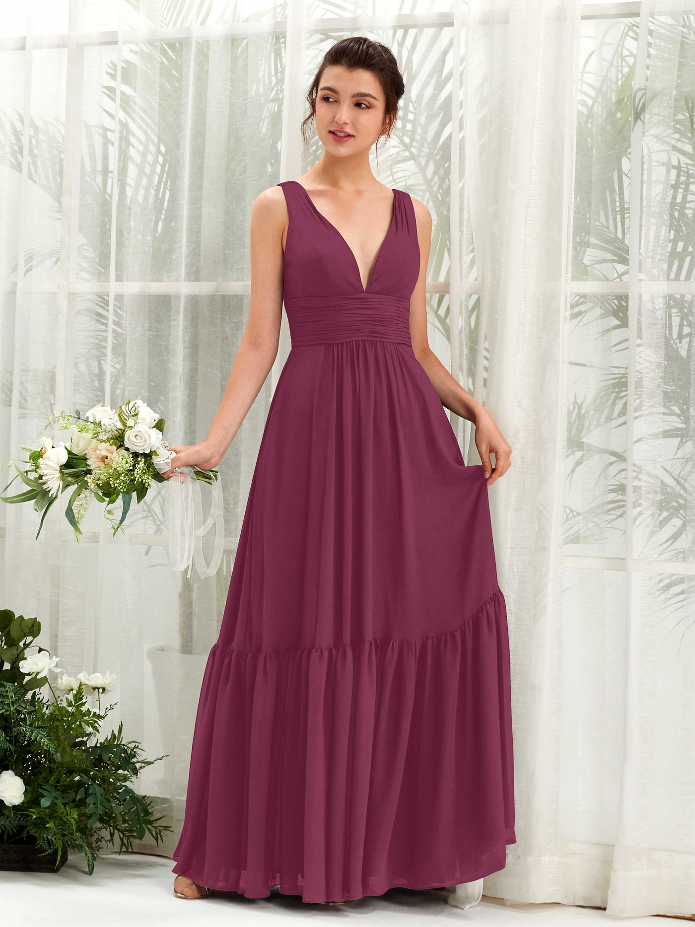 Chianti Bridesmaid Dresses Bridesmaid Dress A-line Chiffon Straps Full Length Sleeveless Wedding Party Dress (80223734)#color_chianti