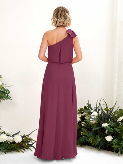 Carlyna Laurel A-Line Chianti Bridesmaid Dress Maxi Sleeveless One Shoulder Dress Back View #color_chianti
