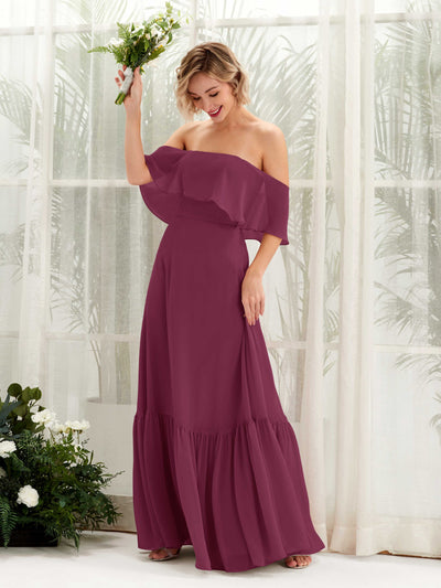 Carlyna Joie A-Line Chianti Bridesmaid Dress Maxi Sleeveless Off the Shoulder Dress Front View #color_chianti