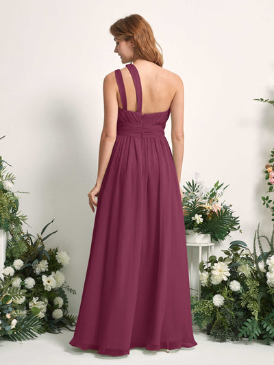 Carlyna Evelyn A-Line Chianti Bridesmaid Dress Maxi Sleeveless One Shoulder Dress Back View #color_chianti