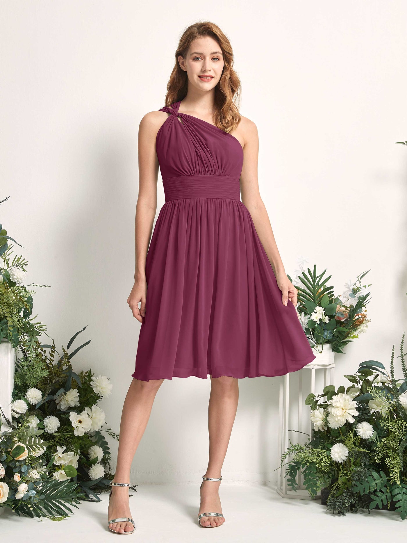 Bridesmaid Dress A-line Chiffon One Shoulder Knee Length Sleeveless Wedding Party Dress - Chianti (81221234)#color_chianti