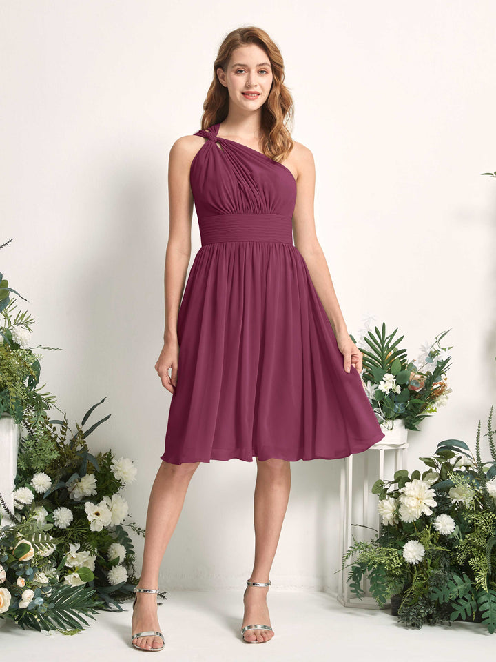 Bridesmaid Dress A-line Chiffon One Shoulder Knee Length Sleeveless Wedding Party Dress - Chianti (81221234)