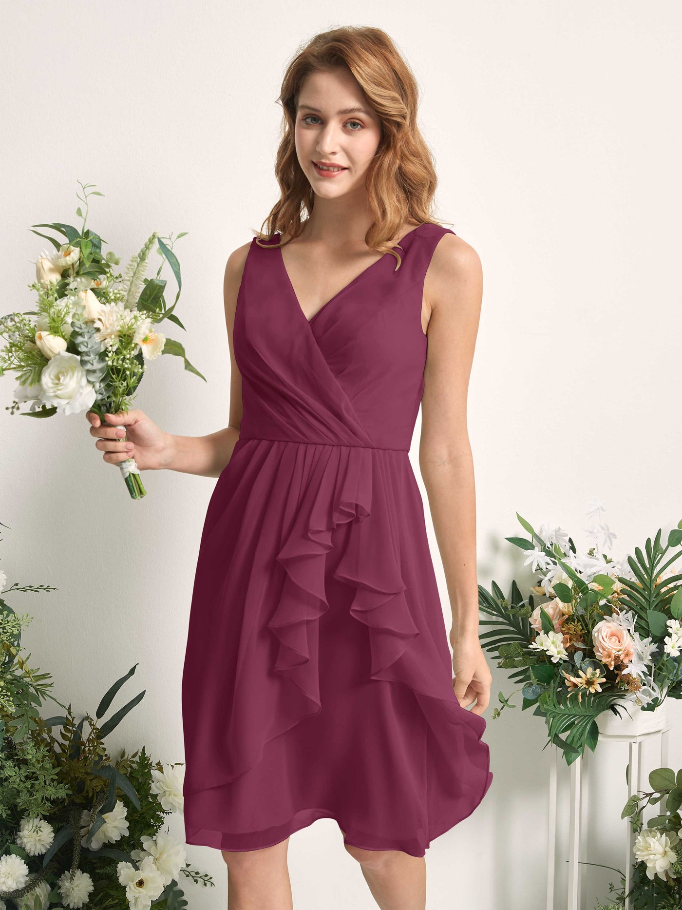 Bridesmaid Dress A-line Chiffon Straps Knee Length Sleeveless Wedding Party Dress - Chianti (81226634)#color_chianti