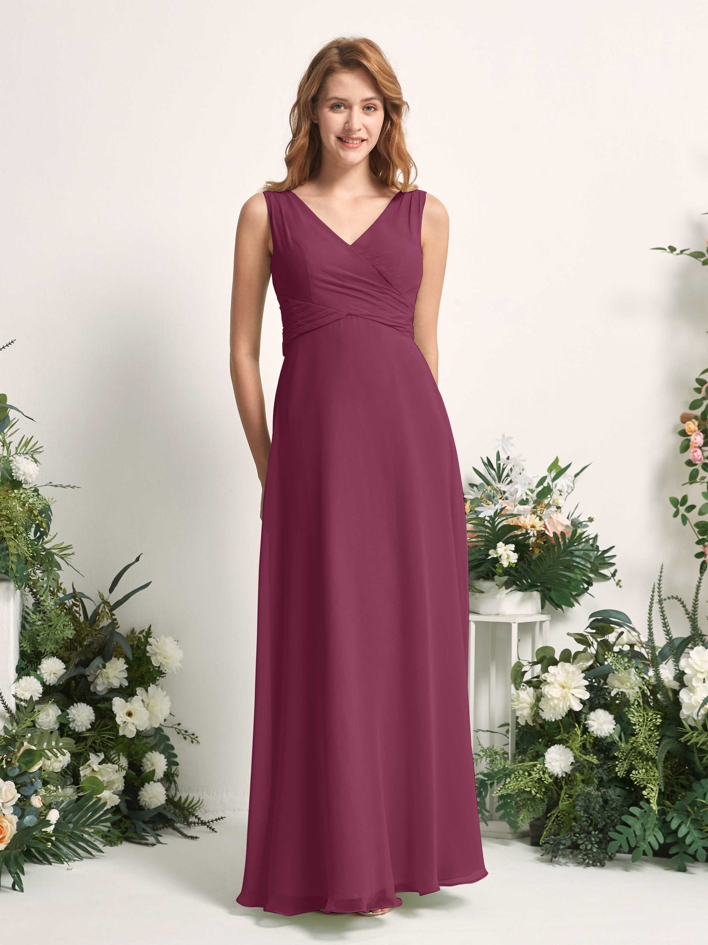 Bridesmaid Dress A-line Chiffon Straps Full Length Sleeveless Wedding Party Dress - Chianti (81227334)#color_chianti