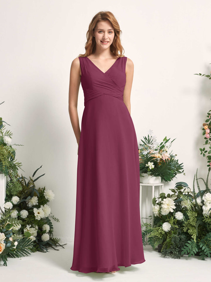 Bridesmaid Dress A-line Chiffon Straps Full Length Sleeveless Wedding Party Dress - Chianti (81227334)