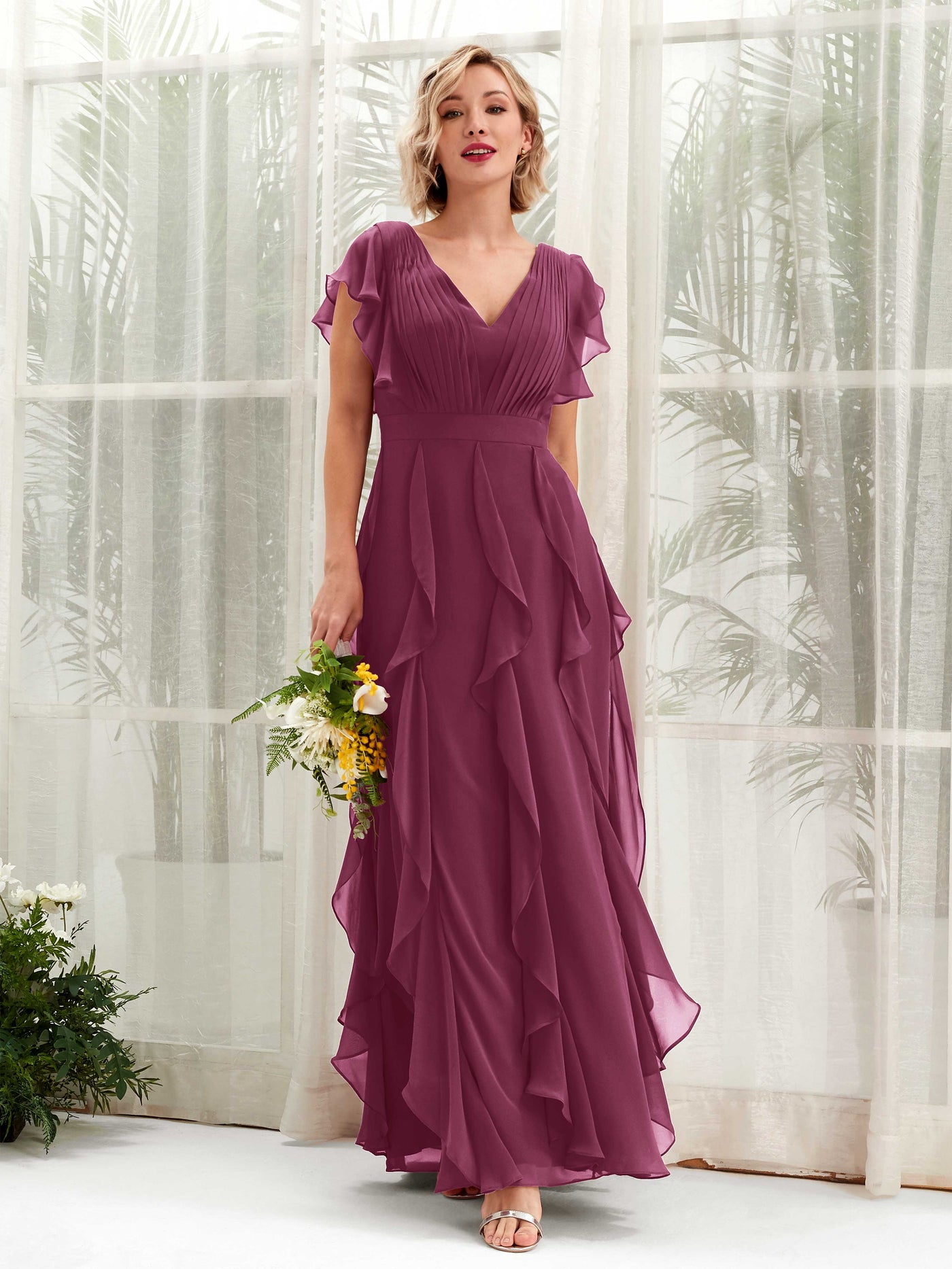 A-line Open back V-neck Short Sleeves Chiffon Bridesmaid Dress - Chianti (81226034)#color_chianti