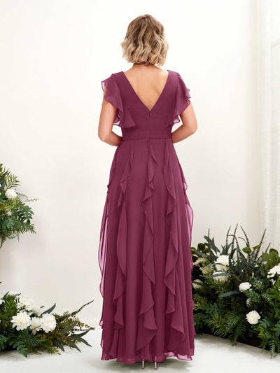 Carlyna Cynthia A-Line Chianti Bridesmaid Dress Maxi Cap Sleeve V-Neck Dress Back View #color_chianti