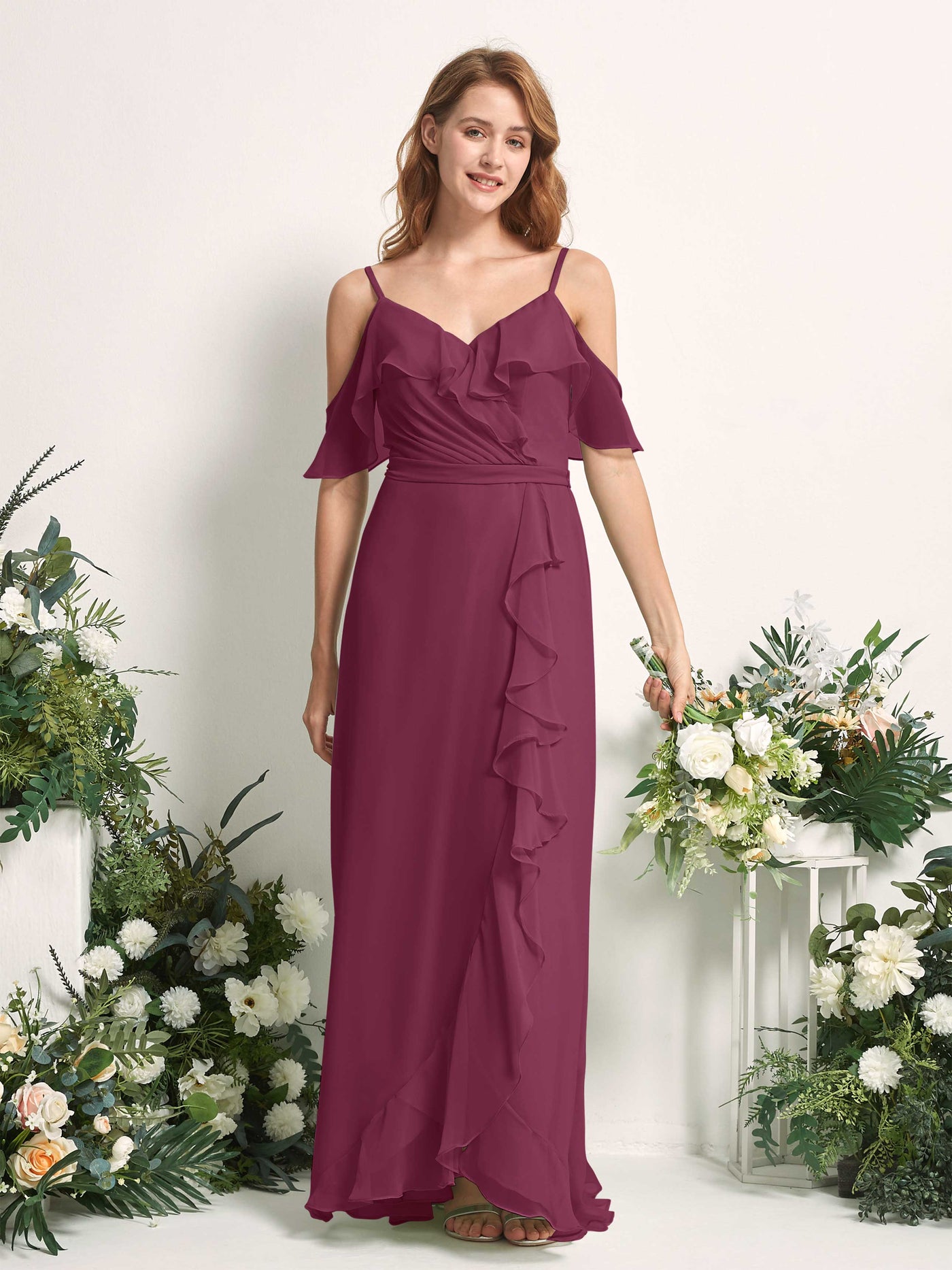 Bridesmaid Dress A-line Chiffon Spaghetti-straps Full Length Sleeveless Wedding Party Dress - Chianti (81227434)#color_chianti