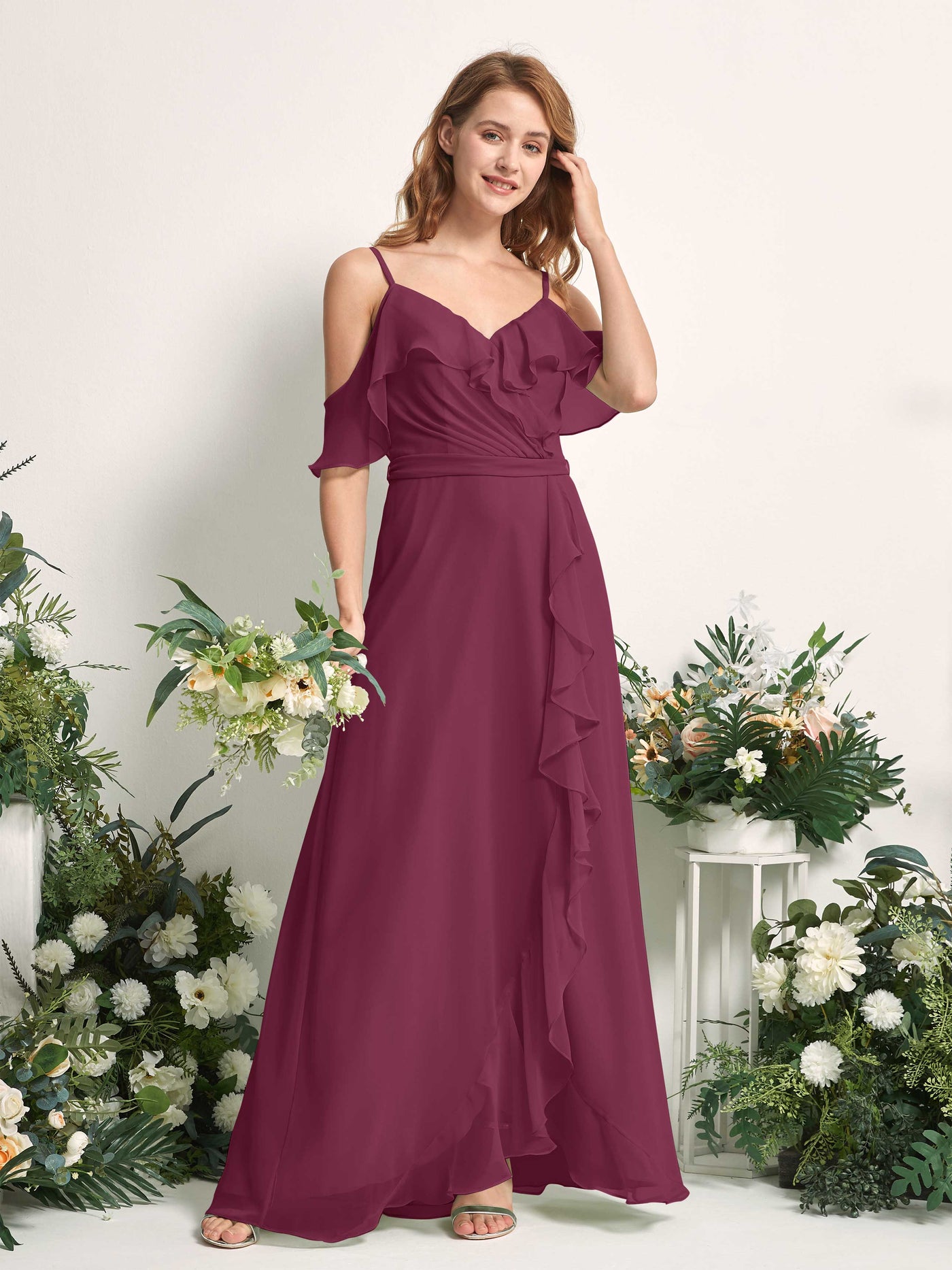 Bridesmaid Dress A-line Chiffon Spaghetti-straps Full Length Sleeveless Wedding Party Dress - Chianti (81227434)#color_chianti
