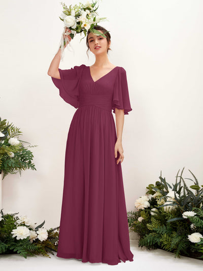 Carlyna Odette A-Line Chianti Bridesmaid Dress Maxi Short Sleeve V-Neck Dress Front View #color_chianti