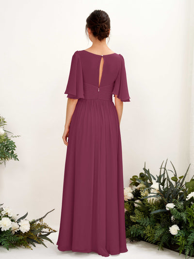 Carlyna Odette A-Line Chianti Bridesmaid Dress Maxi Short Sleeve V-Neck Dress Back View #color_chianti